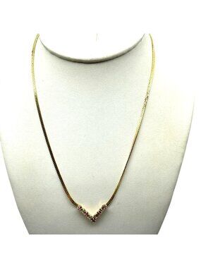 Flat Chain V Necklace with Pink and Clear Round Crystals, Vintage Chevron Choker